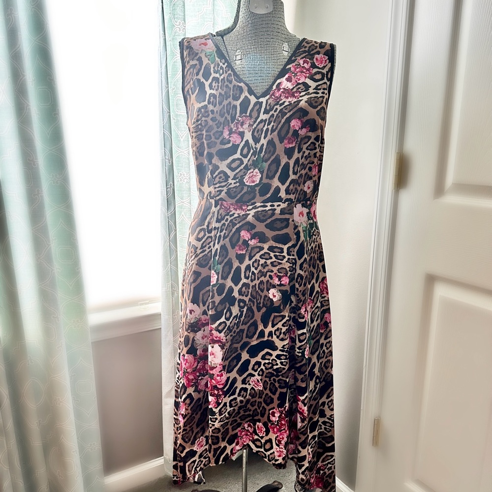 NWOT INC Womens Brown/Animal Printed V Neck Sleeveless Midi Handkerchief Dress